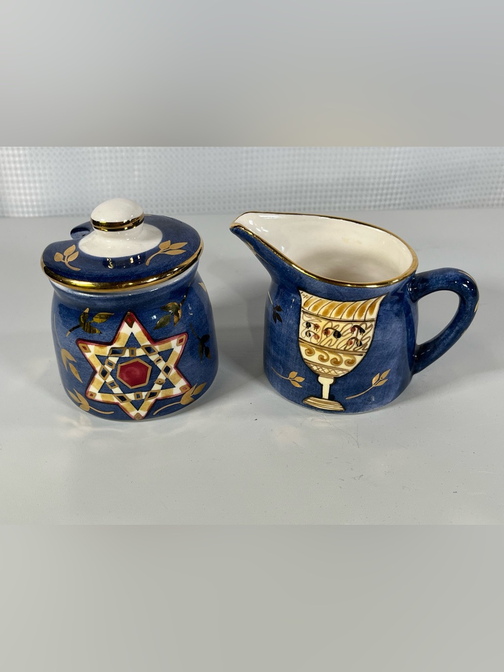 Blue Hand-Painted Judaica Ceramic Creamer and Sugar Set with Gold Accents